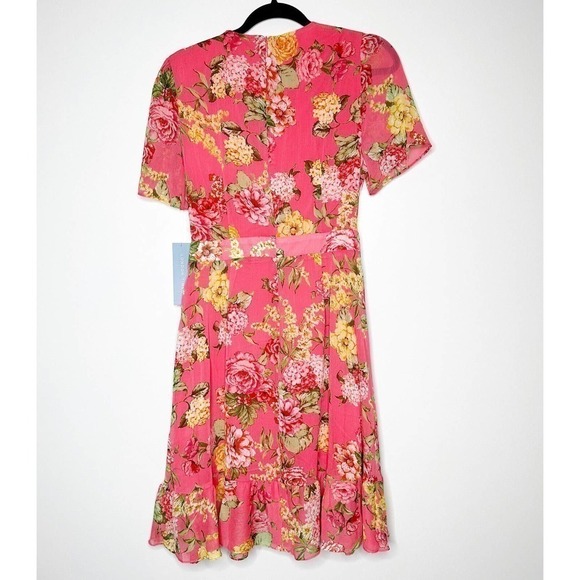 NWT London Times Floral Faux Wrap Mini Dress Short Sleeve Women's Pink Size 10 - Picture 3 of 6